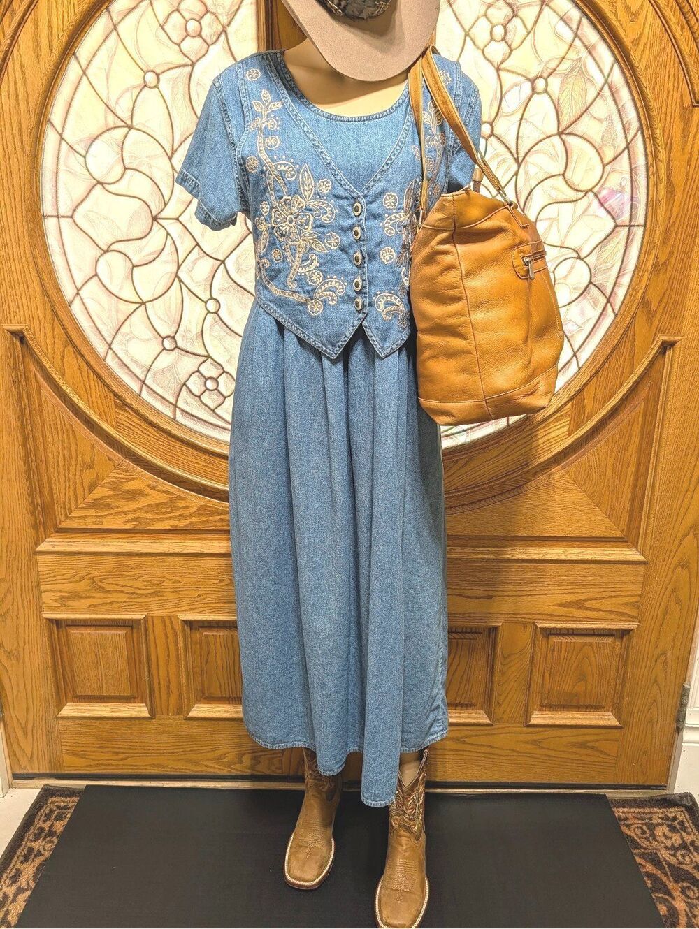 Vintage 90s Jane Ashley Denim Embroidered Vest Dress Size Large Cottagecore